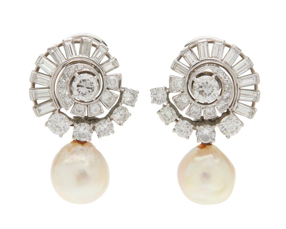 Appraisal: Platinum Diamond and Pearl Pendant Earrings the swirl-form earclips featuring