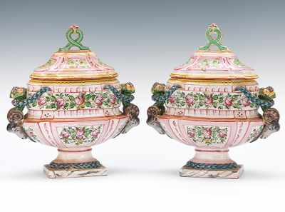 Appraisal: A Pair of French Faience Covered Tureens Terracotta with polychrome