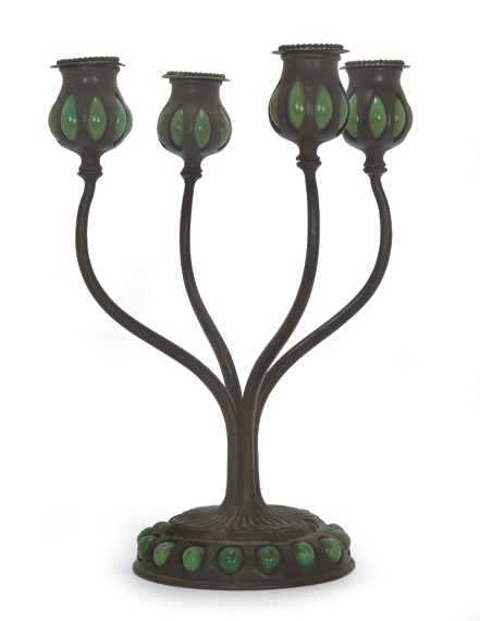 Appraisal: Tiffany Studios Reticulated Bronze and Favrile Glass Four-Light Candelabrum Estimate