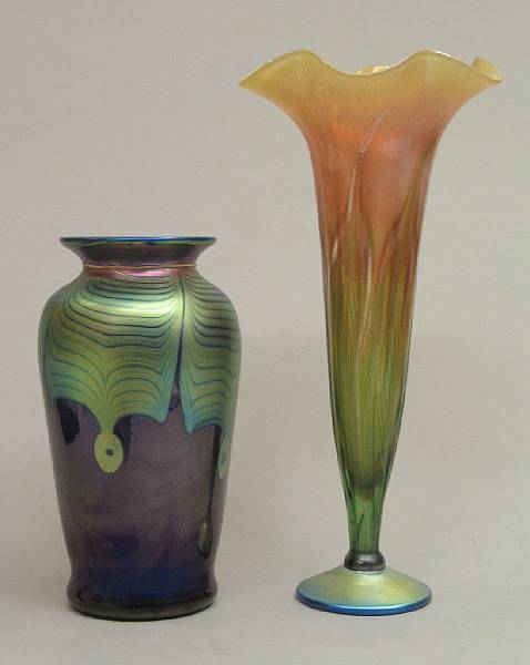 Appraisal: Two Lundberg Studio iridescent art glass vases dated The first