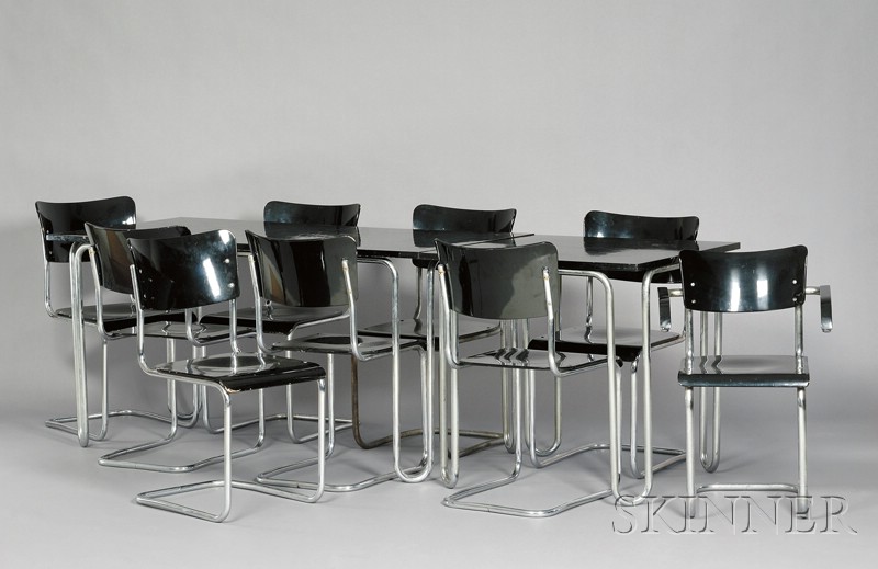 Appraisal: Eleven-Piece Modernist Dining Suite Black lacquer and chrome plated tubular