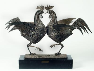 Appraisal: WALENTY PYTEL Polish - Fighting Cocks metal sculpture spot welded