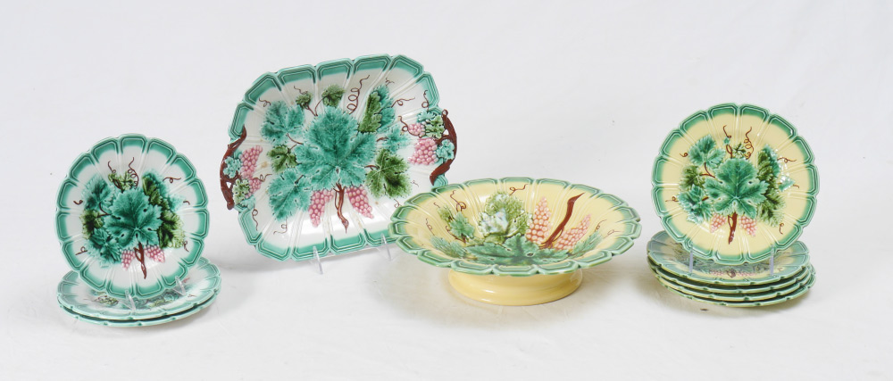 Appraisal: SARREGUEMINES FRENCH MAJOLICA IN A GRAPE LEAF PATTERN pieces to