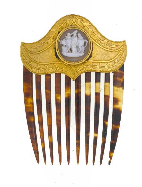 Appraisal: AN ANTIQUE CAMEO SET AND GILTMETAL-MOUNTED TORTOISESHELL COMB the glass