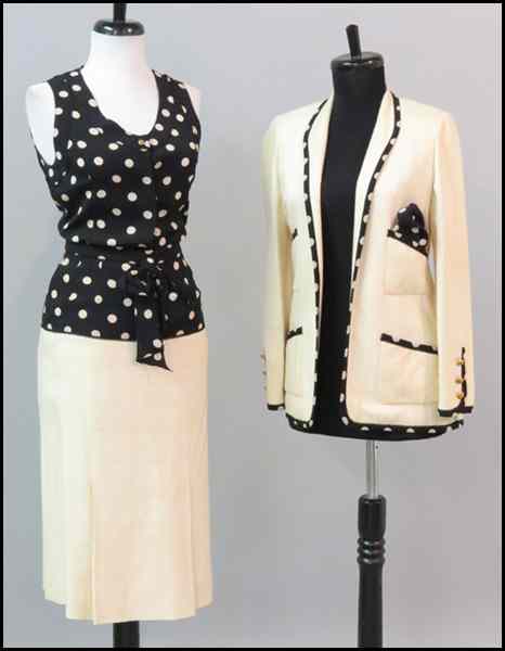 Appraisal: CHANEL BOUTIQUE SILK ENSEMBLE Comprised of a polka dot sleeveless