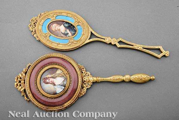 Appraisal: Two Antique French Gilt Bronze and Enamel Hand Mirrors c