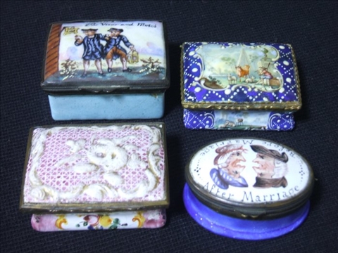 Appraisal: FOUR ENAMEL SNUFF BOXES Including one Samson oval 'Before Marriage