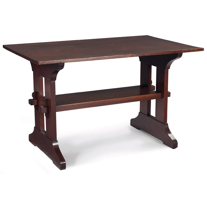 Appraisal: Gustav Stickley trestle table rectangular top above a lower stretcher