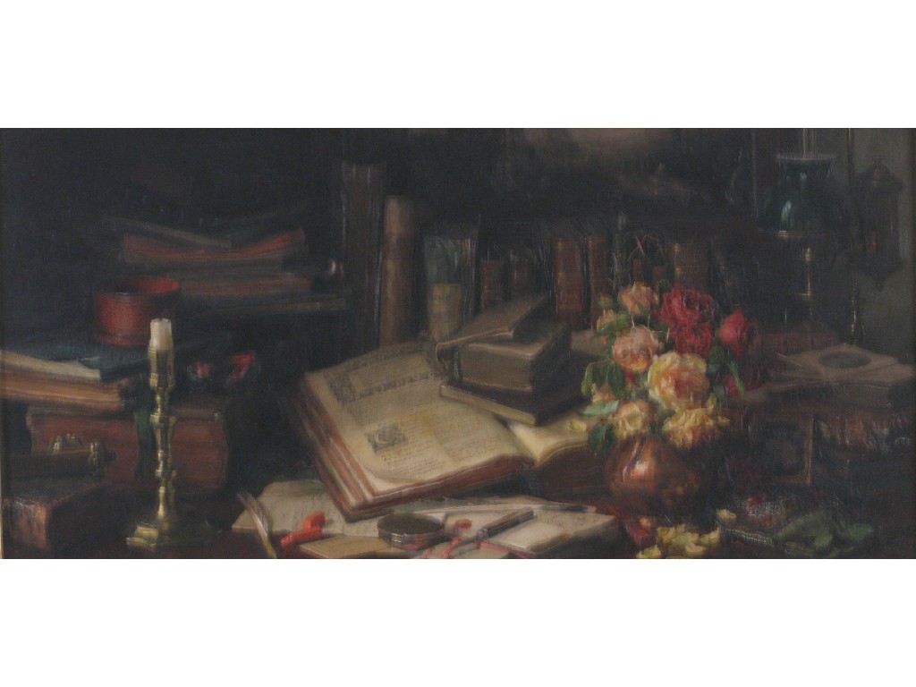 Appraisal: CATHERINE M WOOD d A Still Life of Books Flowers