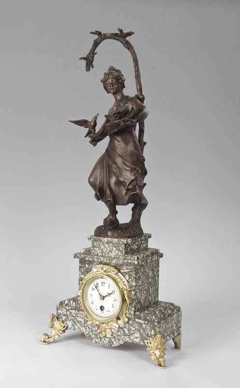 Appraisal: FRENCH FIGURAL MANTLE CLOCK Spelter figural maiden holding tray with