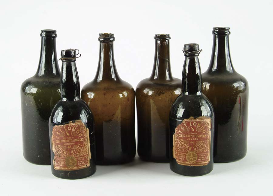 Appraisal: LOT OF SIX BOTTLES Six black glass bottles two with