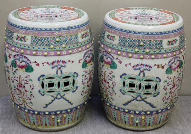 Appraisal: Pair Antique Chinese Porcelain Garden Seats Barrel form with pierced