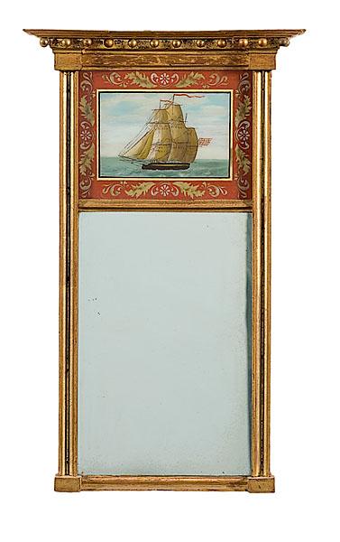 Appraisal: FEDERAL GILTWOOD MIRROR WITH REVERSE-PAINTED SHIP A Federal reverse painted