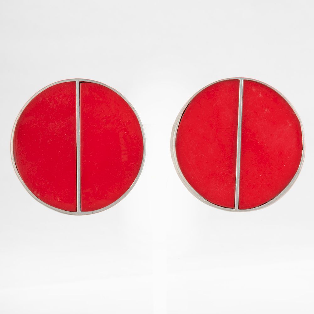 Appraisal: Pair of Contemporary Silvered Metal and Red Plastic Earclips in