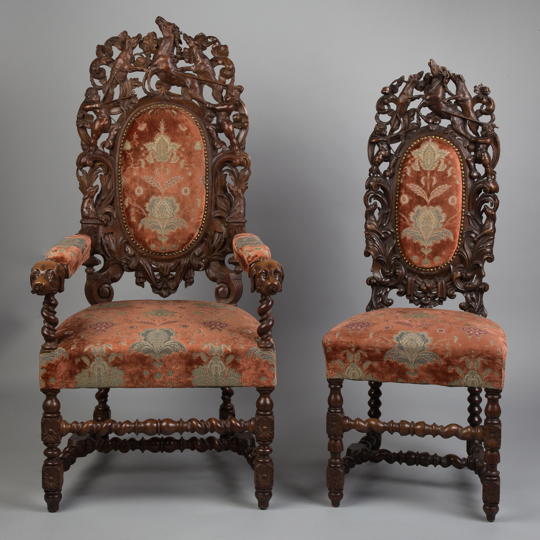 Appraisal: Carved Armchair and Side Chair th century With cherubs animals