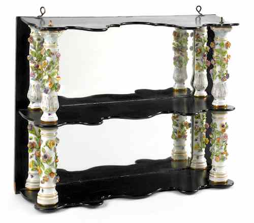 Appraisal: Mirrored hanging shelf ca with Dresden type porcelain columns h