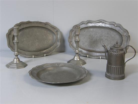 Appraisal: Pair of pewter candlesticks on knopped stems and octagonal bases