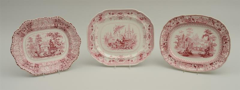 Appraisal: GROUP OF THREE STAFFORDSHIRE RED TRANSFER-PRINTED PLATTERS Comprising Florentine Fountain