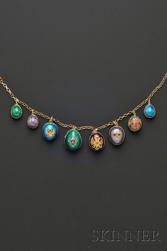 Appraisal: Enamel Egg Fringe Necklace centering a hinged guilloche enamel silver-gilt