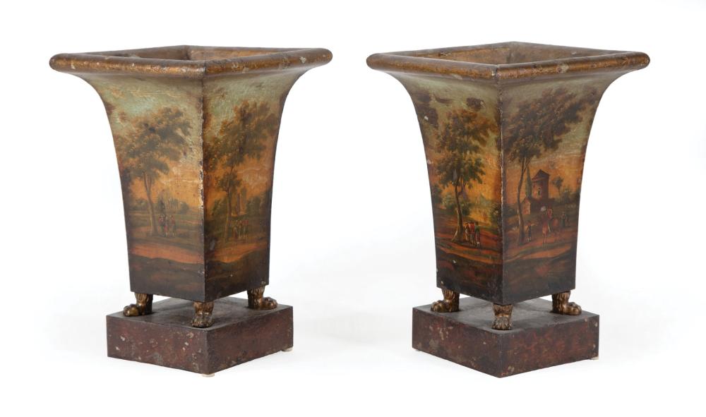 Appraisal: Pair of Continental Tole Scenic Jardinieres th c tapered form