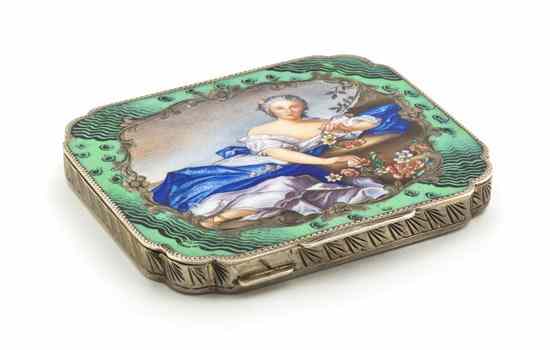 Appraisal: A Continental Enameled Compact having a rectangular lid with shaped