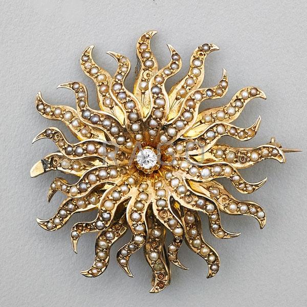 Appraisal: LATE VICTORIAN SEED PEARL DIAMOND SUNBURST BROOCH Condition Report