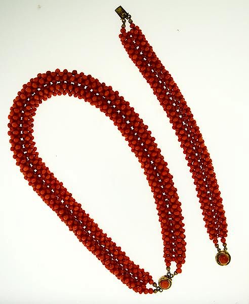 Appraisal: Victorian coral bead necklace and matching bracelet Victorian coral bead