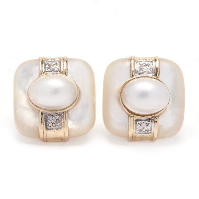 Appraisal: GOLD MOTHER-OF-PEARL MAB PEARL AND DIAMOND EARRINGS The cushion shape