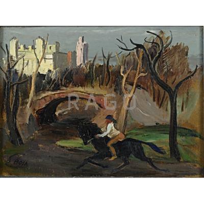 Appraisal: LOUIS BOSA American - Oil on board Rider Central Park