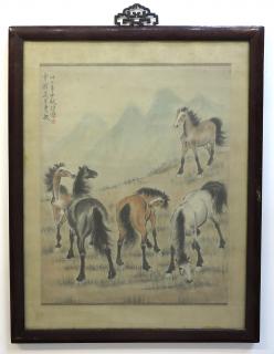 Appraisal: Framed Chinese Watercolor Framed Chinese Watercolor Five horses on a