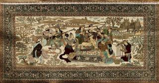 Appraisal: Turkish silk pictorial carpet Turkish silk pictorial carpet depicting a