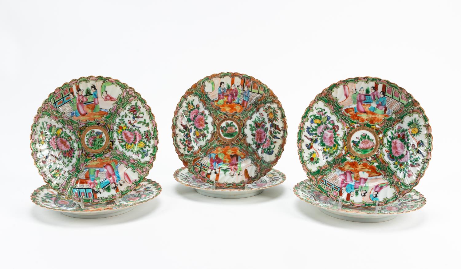 Appraisal: SET OF SIX ROSE MEDALLION FLUTED PORCELAIN PLATES Set of