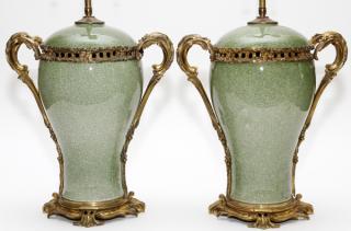 Appraisal: CHINESE GLAZED CELADON URNS MOUNTED AS LAMPS CHINESE CRACKLE GLAZED