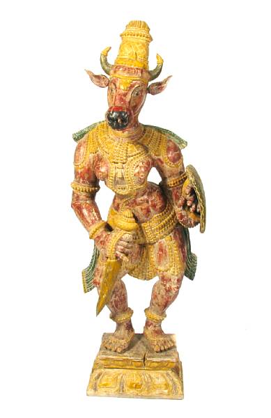 Appraisal: A large Indian polychrome wood figure of Brahma with human