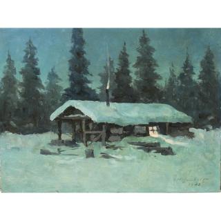 Appraisal: Theodore Roosevelt Lambert Painting Trapper's Cabin Unframed oil on board