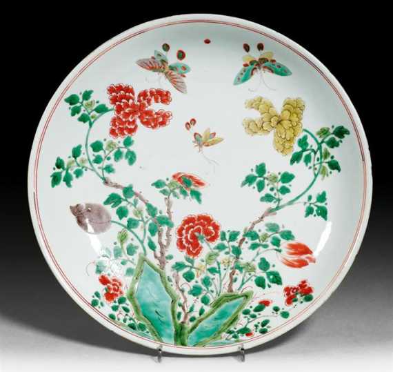 Appraisal: FAMILLE VERTE DISH WITH PEONIES AND BUTTERFLIES China Kangxi period