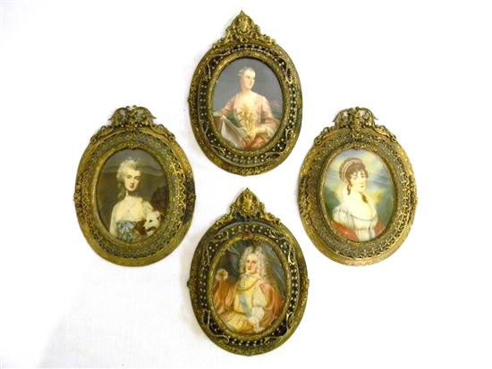 Appraisal: Two pair miniature portraits in brass frames Continental th- th