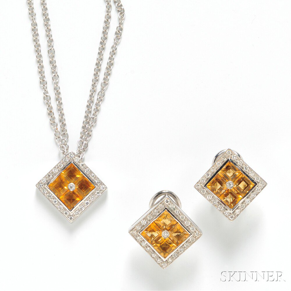 Appraisal: kt White Gold Diamond and Citrine Pendant and Earrings Zydo