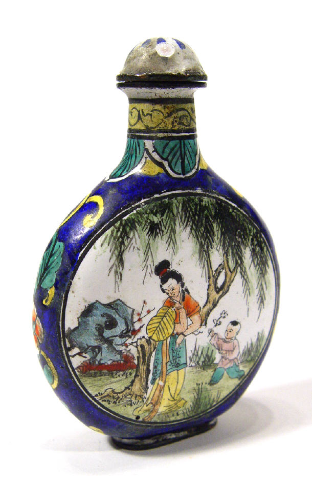 Appraisal: Oriental moon shaped scent bottle and stopper enamelled with figures