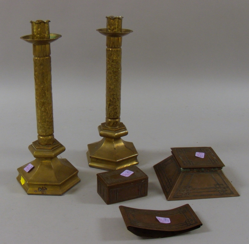 Appraisal: Pair of Arts Crafts Hammered Copper and Brass Candlesticks and