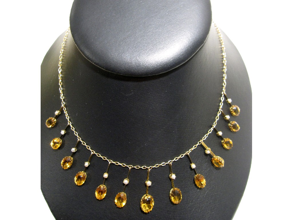 Appraisal: Edwardian gold fringe necklace set with citrine and seed pearl