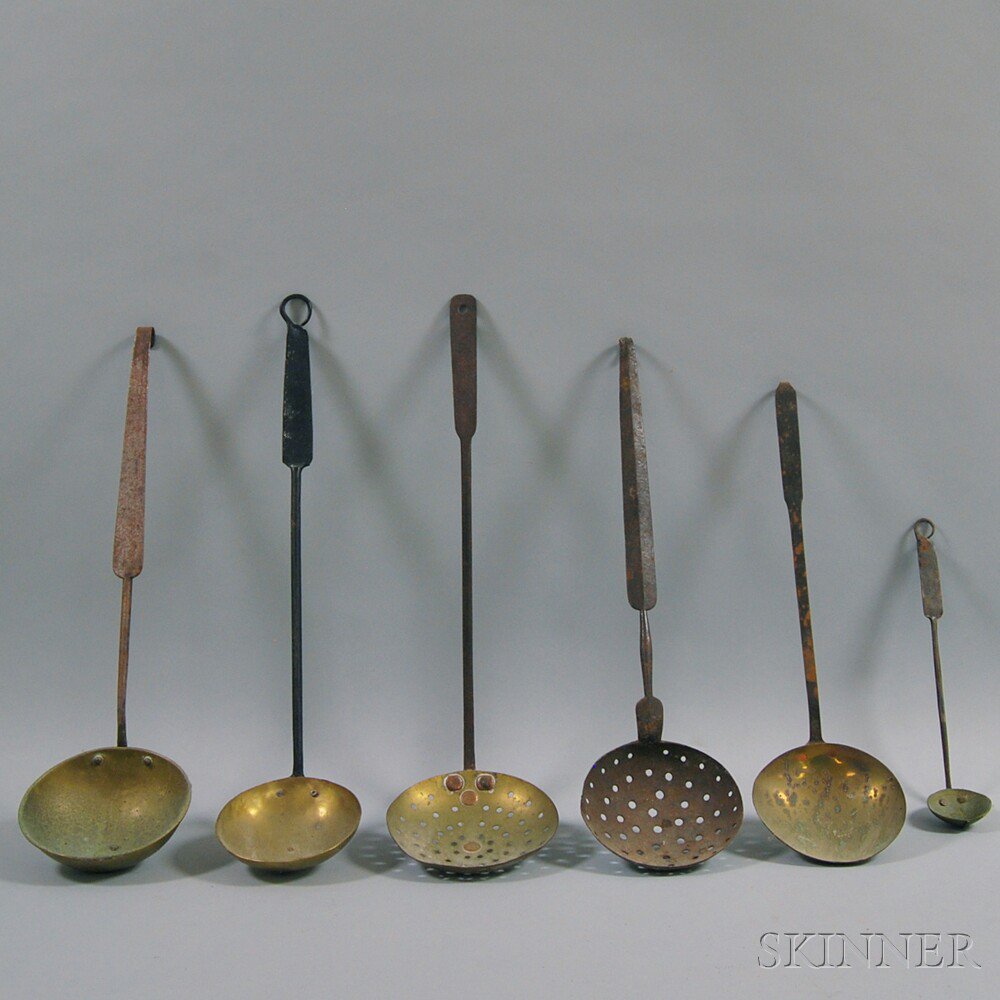 Appraisal: Six Wrought Iron and Brass Ladles and Skimmers th and