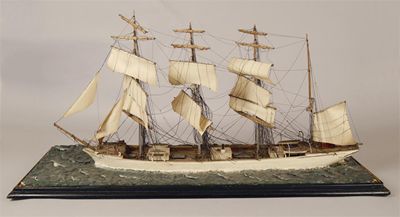 Appraisal: A painted wood model of a four masted boat mounted