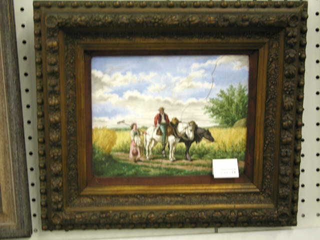 Appraisal: Victorian Painting on Porcelain pheasant boy girl with horses as-is