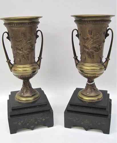 Appraisal: PAIR BRONZE AND MARBLE URNS having double handles relief strawberries