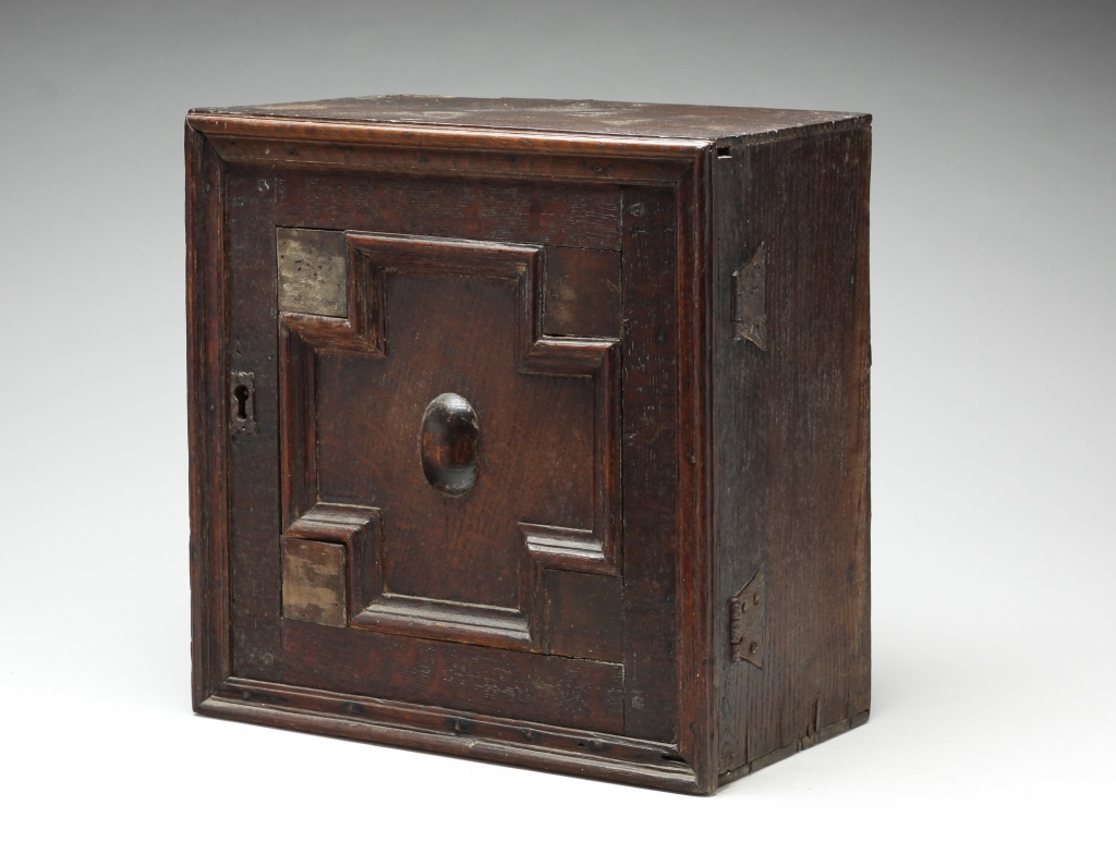 Appraisal: ENGLISH SPICE BOX Late th-early th century oak Rosehead square