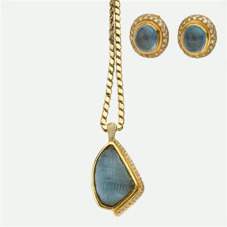 Appraisal: Pair of Cabochon Aquamarine and Diamond Earclips and Carved Aquamarine