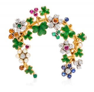 Appraisal: An Karat Yellow Gold Platinum Diamond Multigem and Enamel Brooch