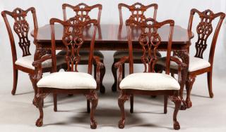 Appraisal: CHIPPENDALE STYLE CARVED MAHOGANY TABLE AND CHAIRS The table is