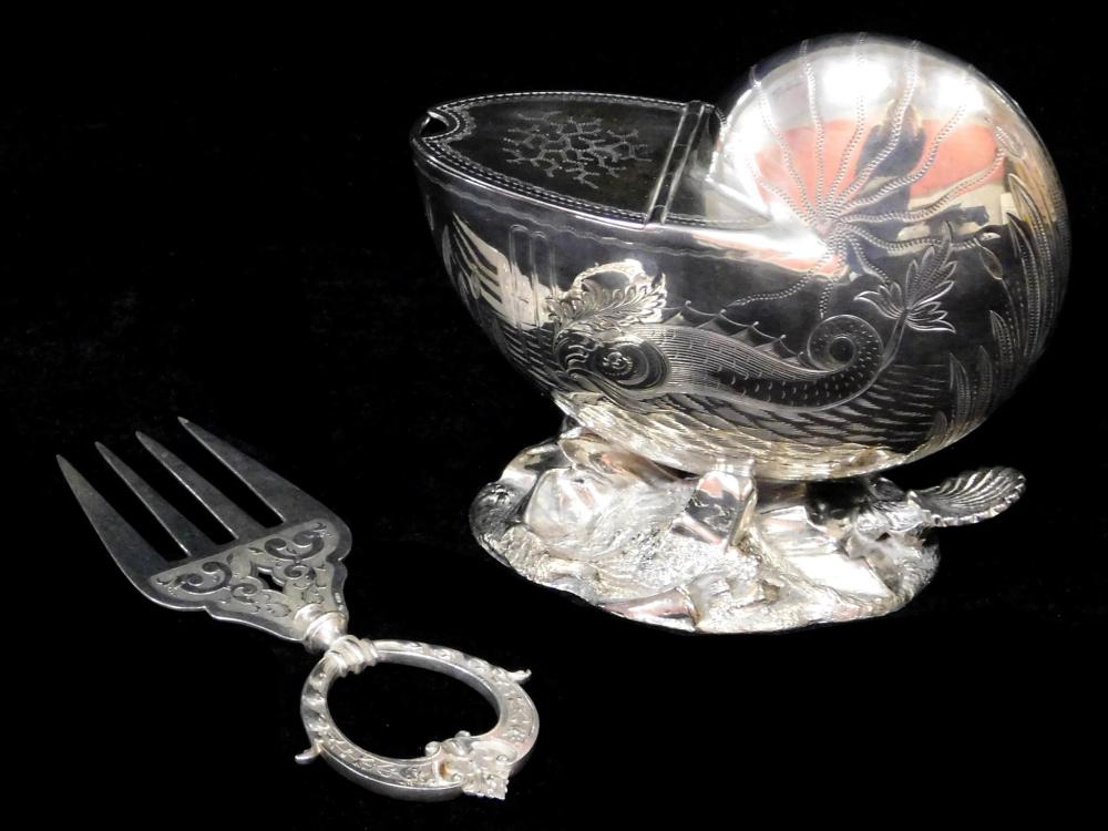 Appraisal: Silver Plate Two pieces of ornate serving ware nautilus shell